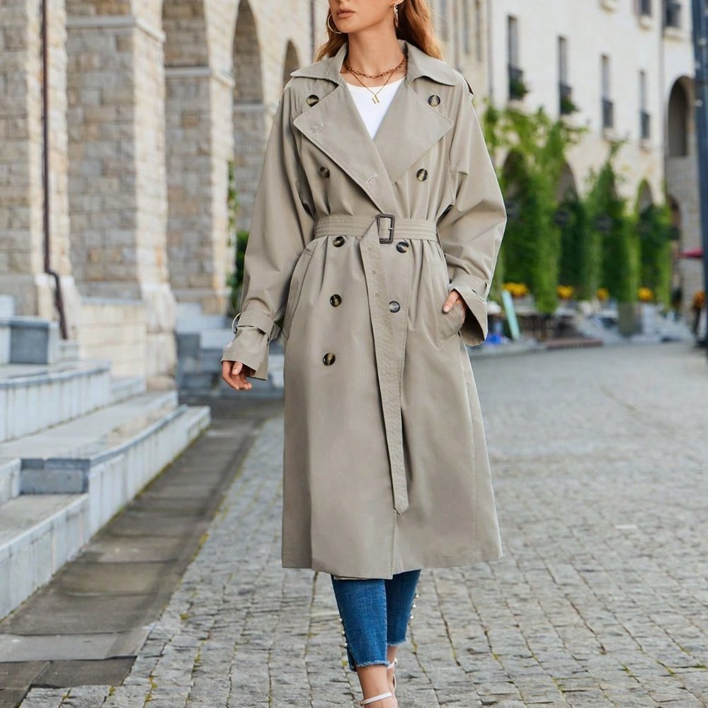 Khaki Casual Womens Double Breasted Belted Trench Coat - Picture 2 of 5